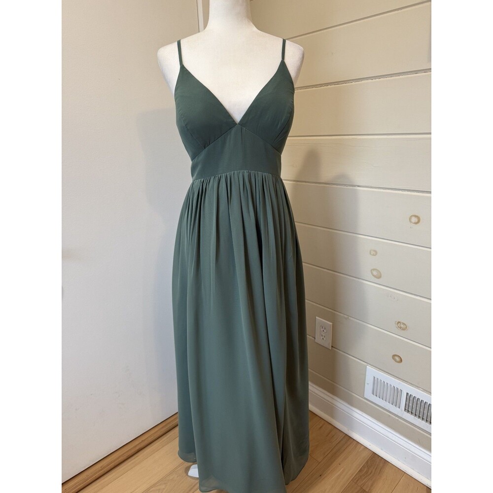 Azazie Aaida Corset Chiffon Dress Dusty Sage 8 Medium Long Bridesmaid Prom Fairy